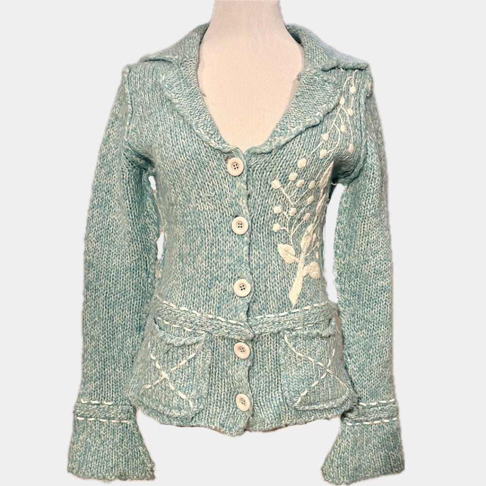 Boho Teal Button up Sweater - Alpaca Wool
